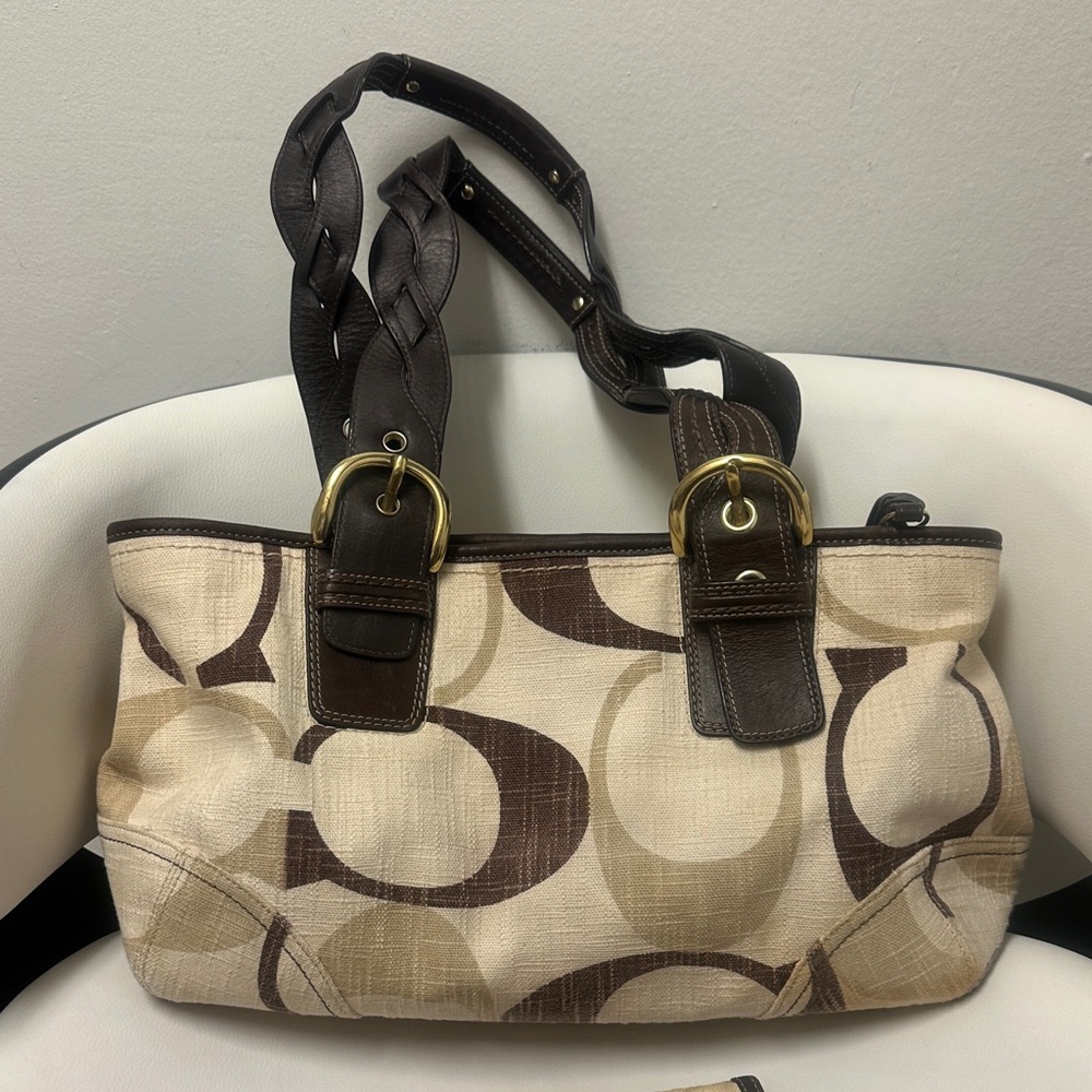 COACH (SET) Y2K TONAL SIGNATURE CANVAS SHOULDER TOTE, Brown & Cream with Wallet - Picture 9 of 13